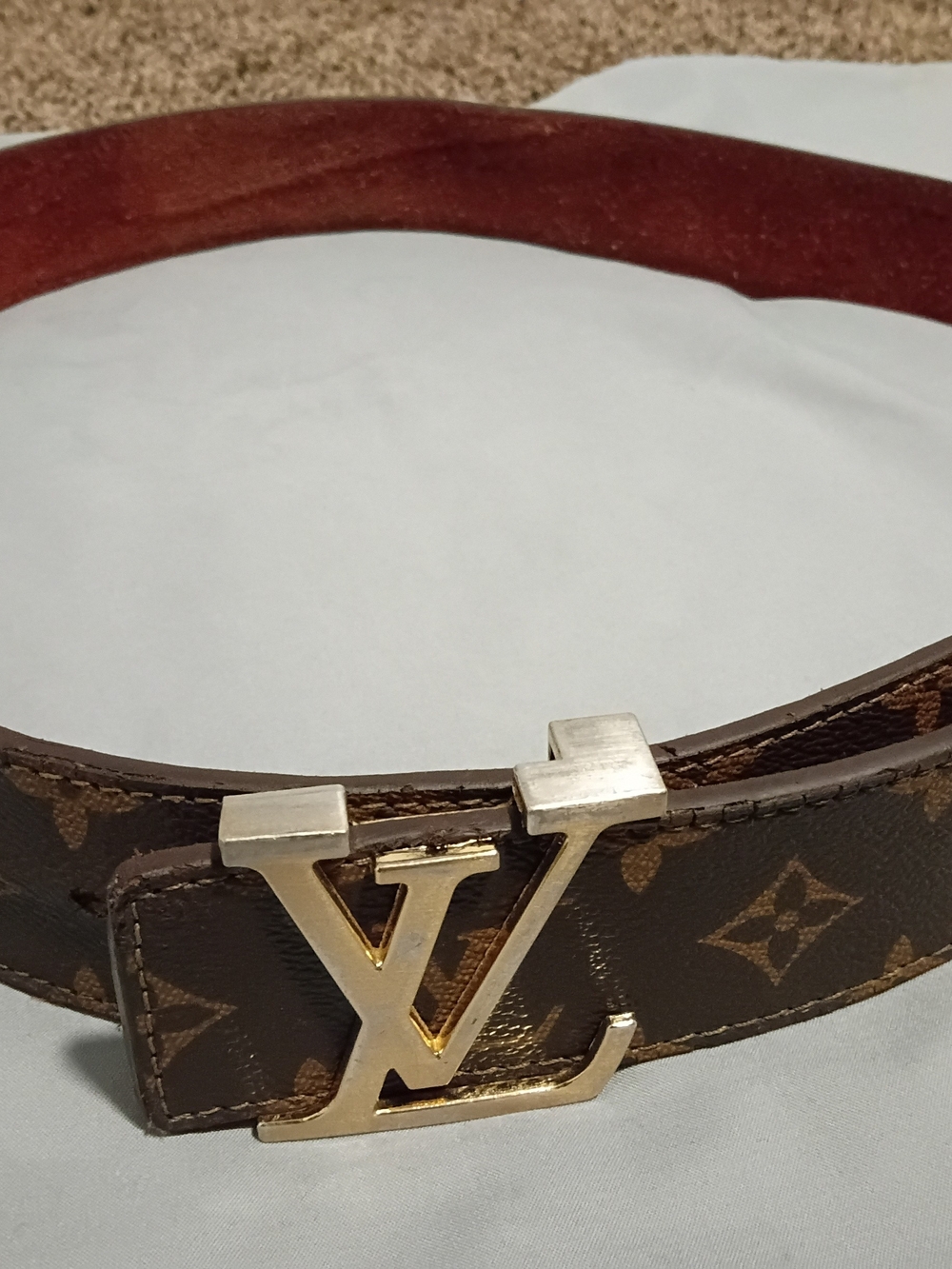 Louis Vuitton Monogram Canvas Belt with Silver-Gold LV Buckle - Brown